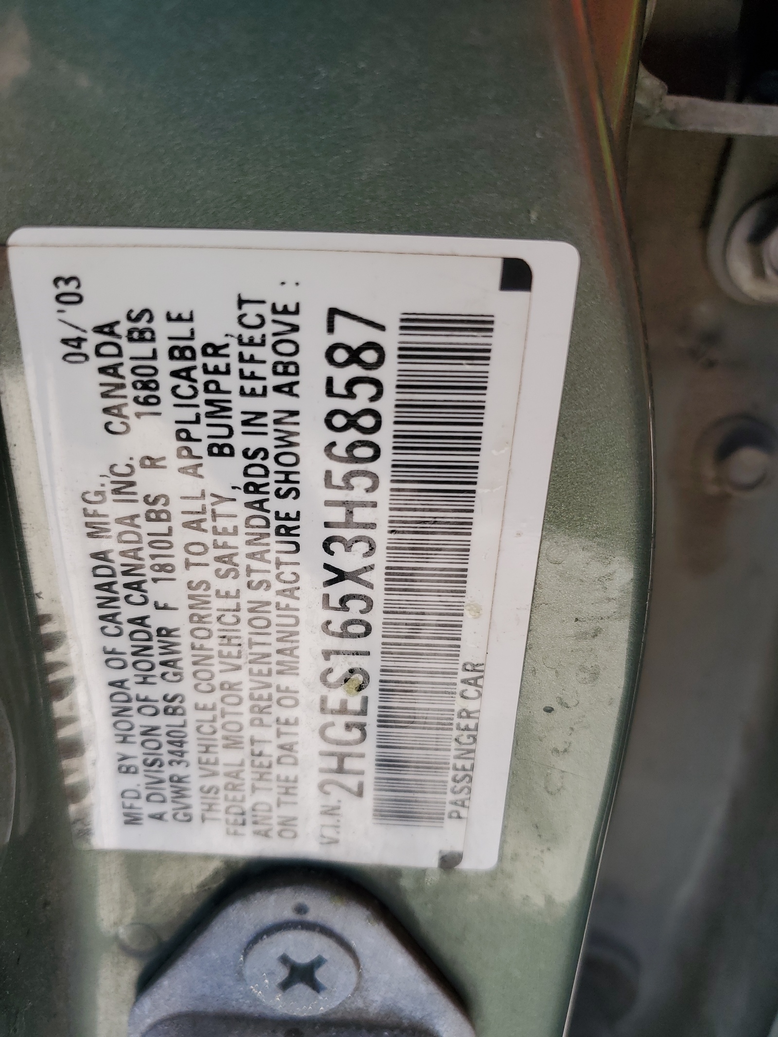 2HGES165X3H568587 2003 Honda Civic Lx