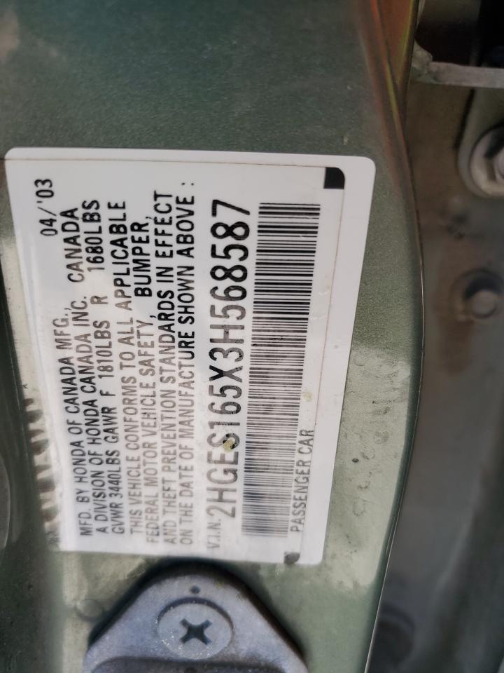 2003 Honda Civic Lx VIN: 2HGES165X3H568587 Lot: 63269244