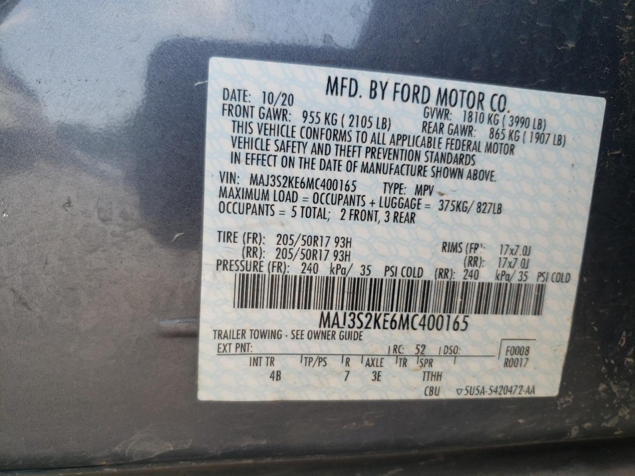 2021 Ford Ecosport Titanium VIN: MAJ3S2KE6MC400165 Lot: 64207034