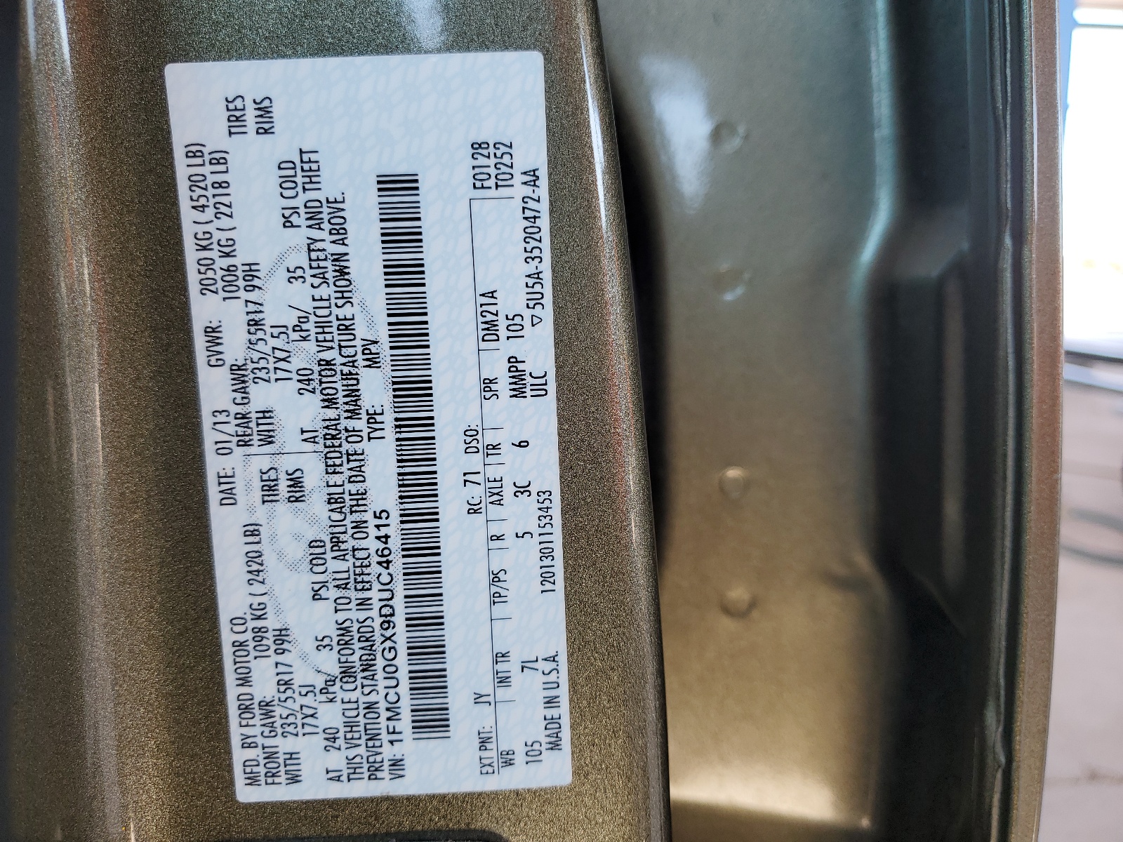 1FMCU0GX9DUC46415 2013 Ford Escape Se