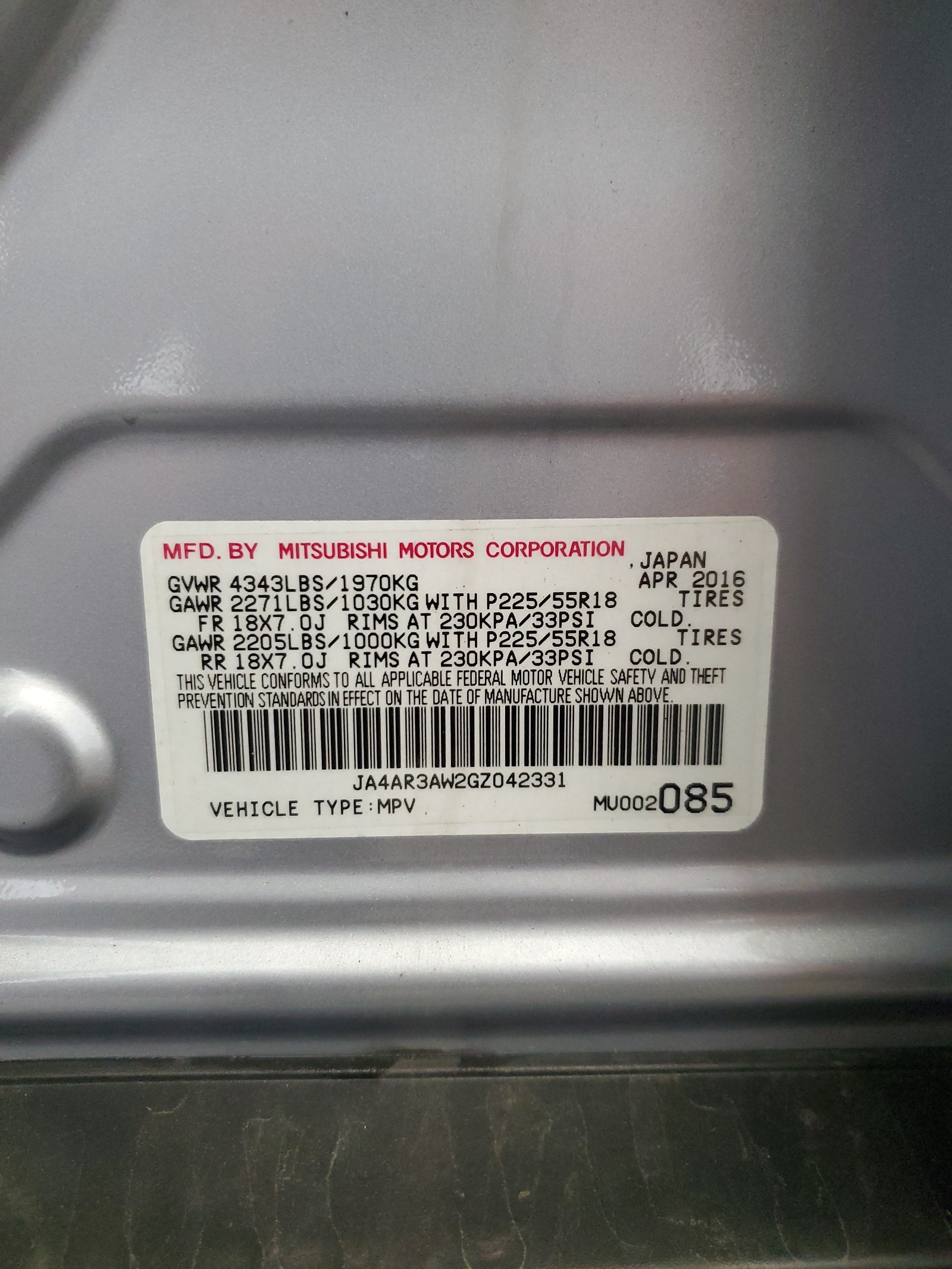 JA4AR3AW2GZ042331 2016 Mitsubishi Outlander Sport Es