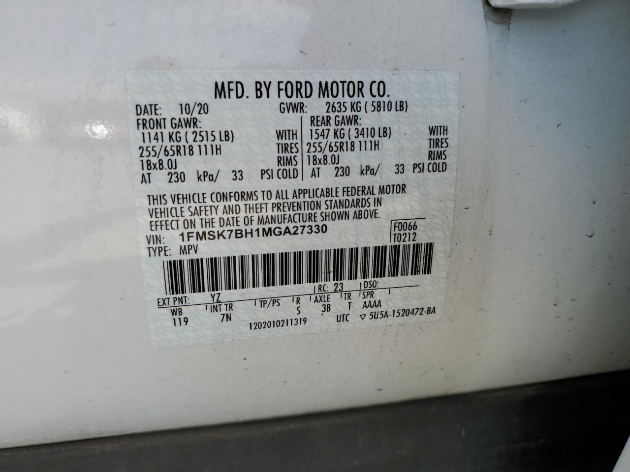 2021 Ford Explorer VIN: 1FMSK7BH1MGA27330 Lot: 62114864