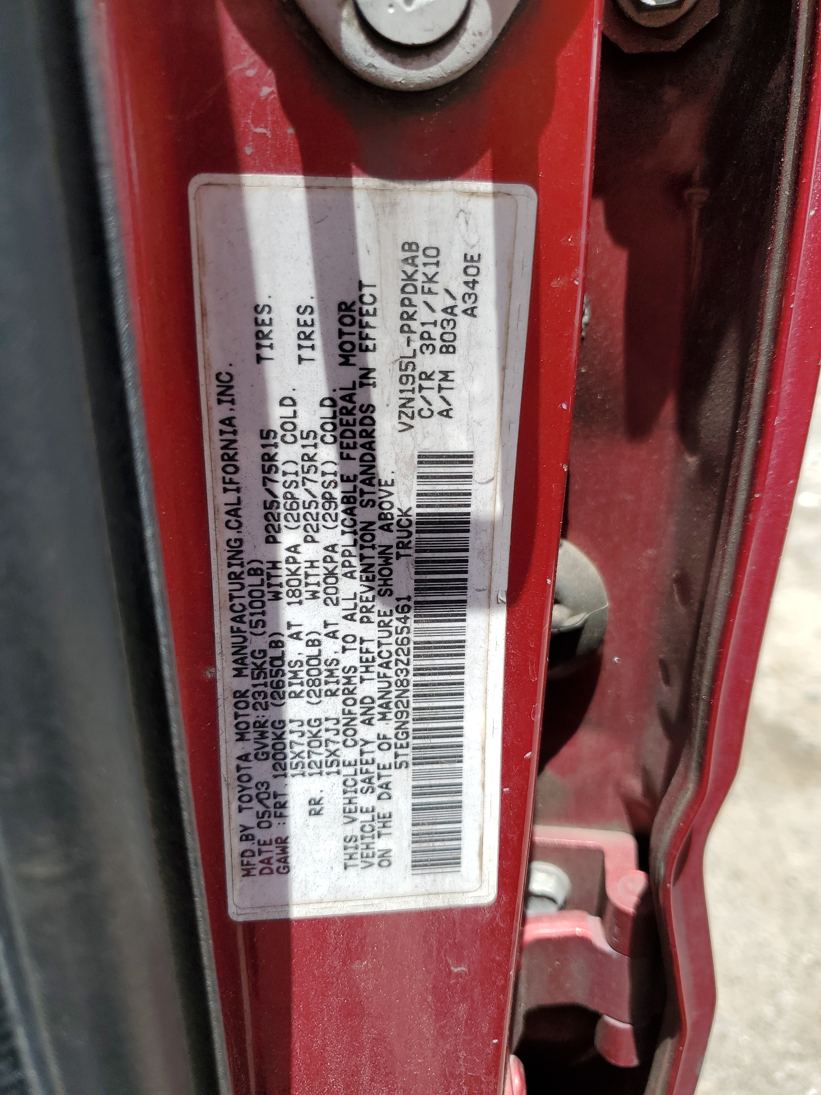 5TEGN92N83Z265461 2003 Toyota Tacoma Double Cab Prerunner