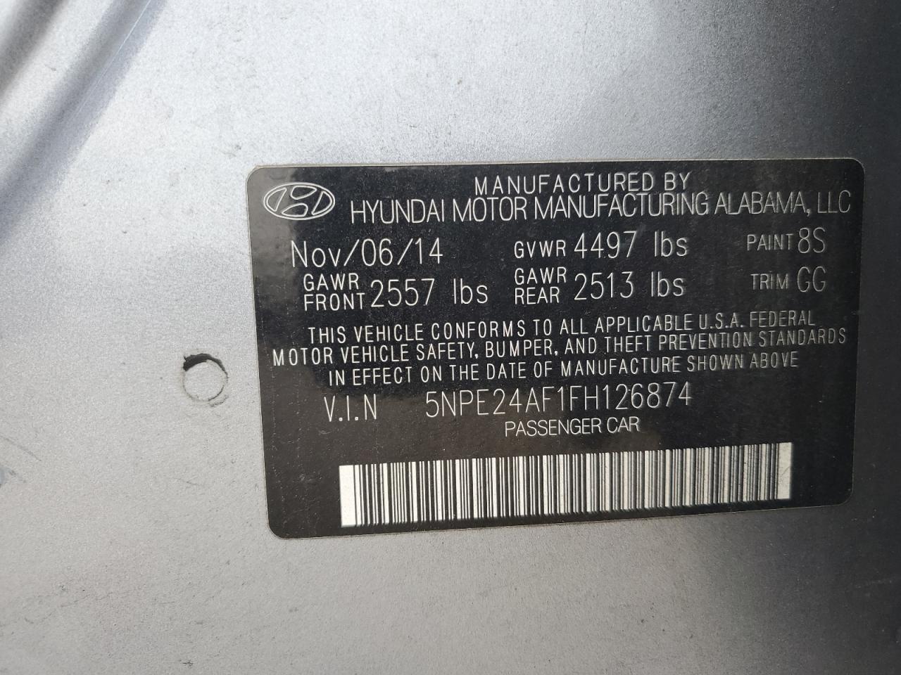 5NPE24AF1FH126874 2015 Hyundai Sonata Se