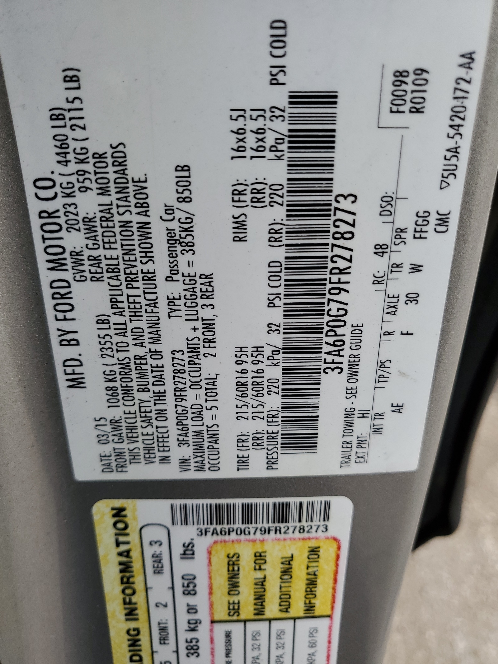 3FA6P0G79FR278273 2015 Ford Fusion S