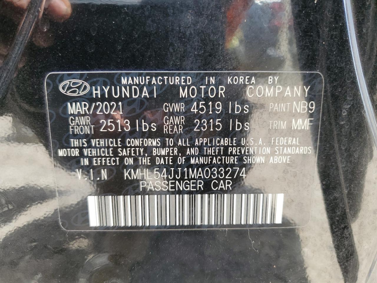 2021 Hyundai Sonata Hybrid VIN: KMHL54JJ1MA033274 Lot: 64247894