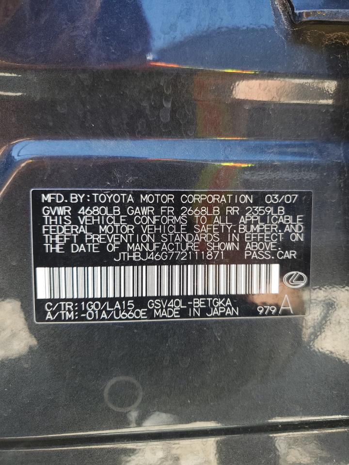 2007 Lexus Es 350 VIN: JTHBJ46G772111871 Lot: 61224444