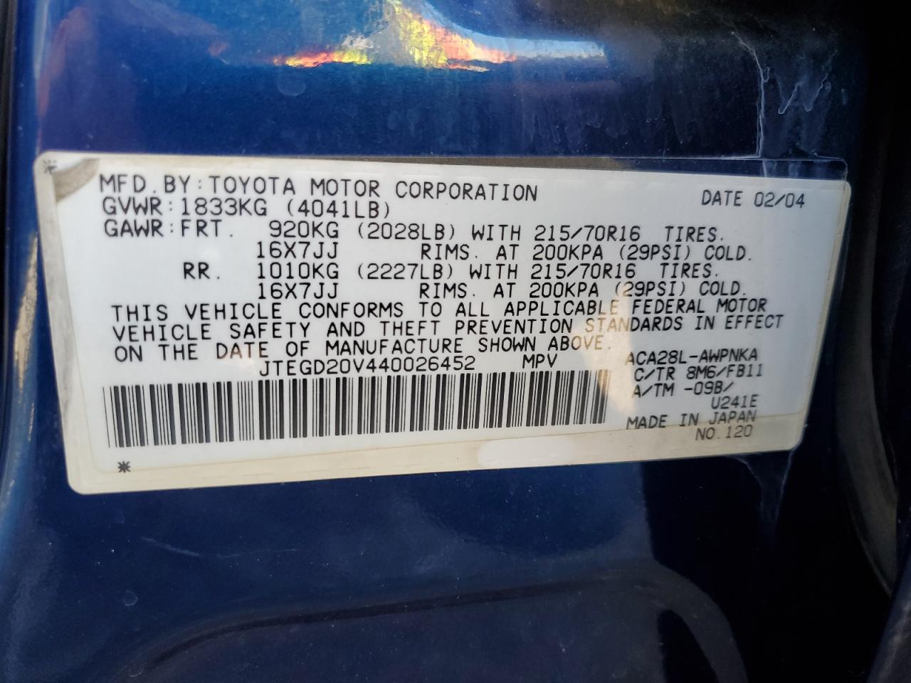 JTEGD20V440026452 2004 Toyota Rav4