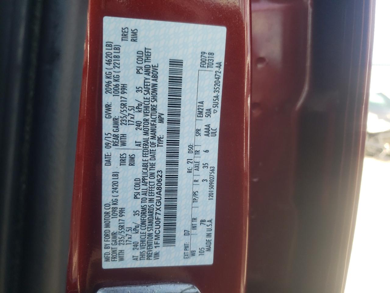 2016 Ford Escape S VIN: 1FMCU0F7XGUA80623 Lot: 62327974