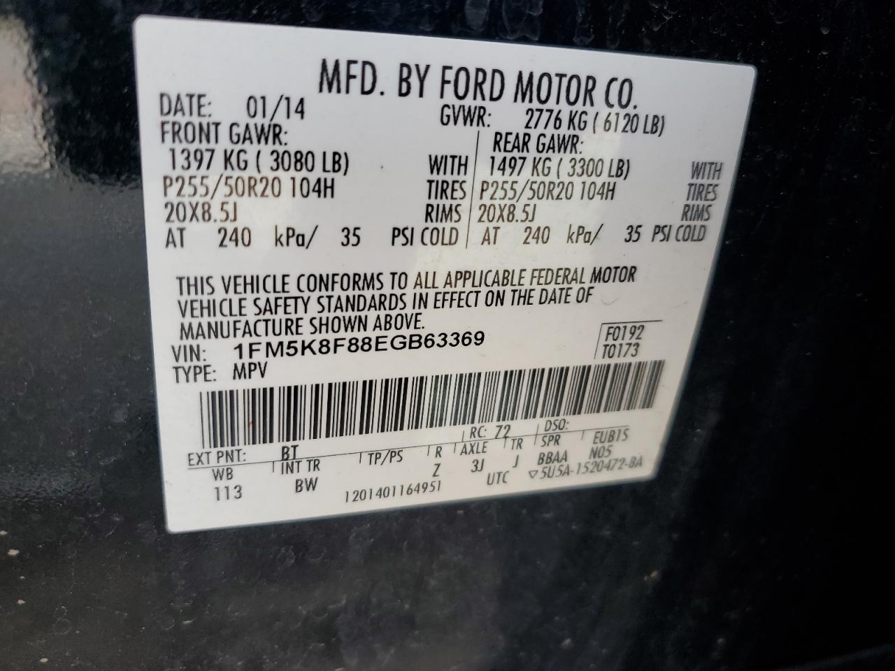 2014 Ford Explorer Limited VIN: 1FM5K8F88EGB63369 Lot: 63586424