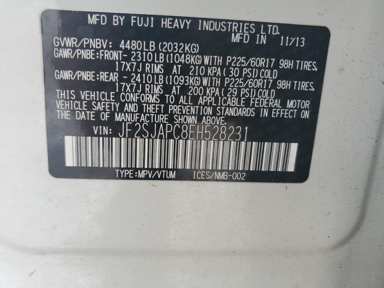 2014 Subaru Forester 2.5I Touring VIN: JF2SJAPC8EH528231 Lot: 62547424