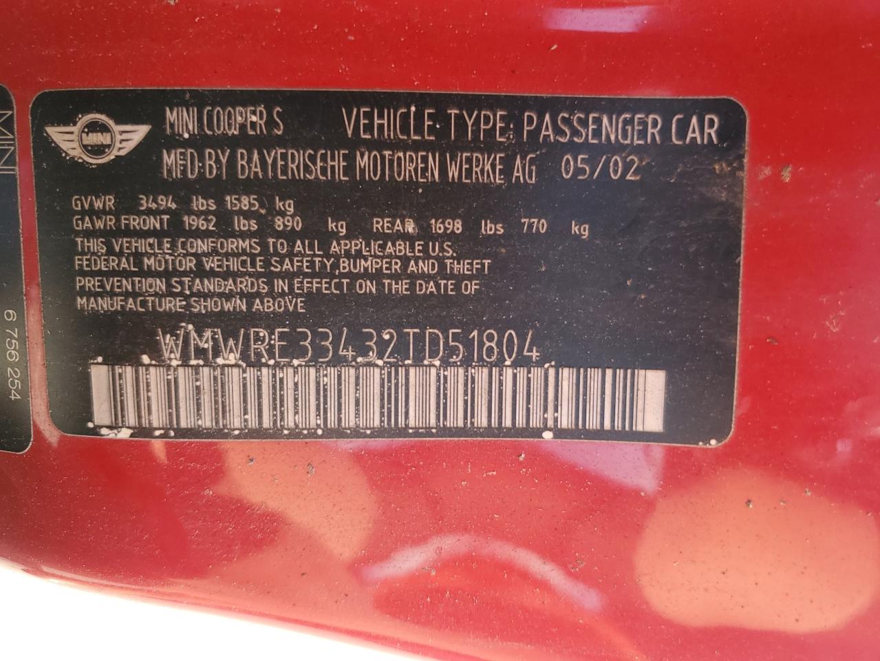 2002 Mini Cooper S VIN: WMWRE33432TD51804 Lot: 61285824