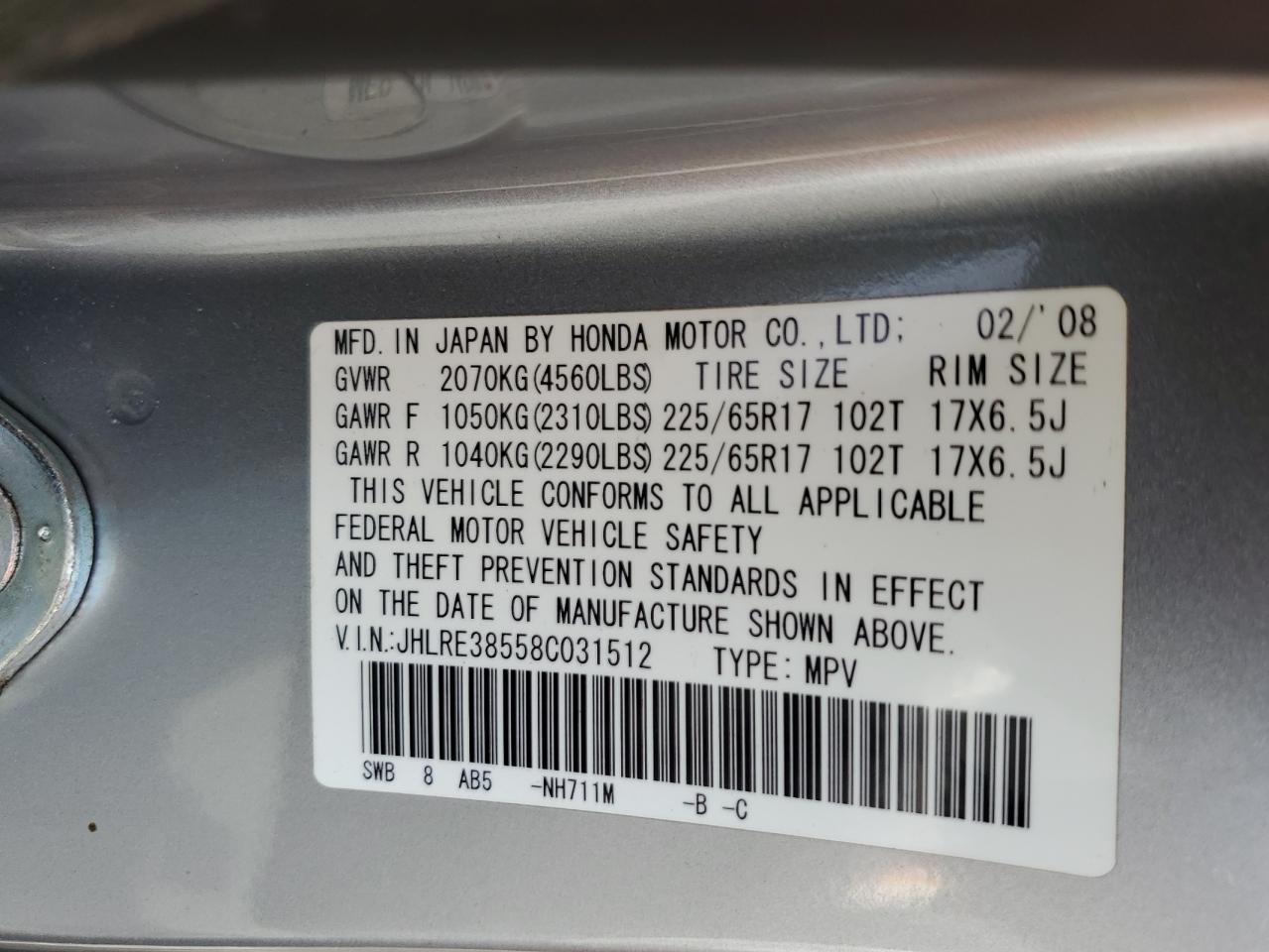 2008 Honda Cr-V Ex VIN: JHLRE38558C031512 Lot: 63055294