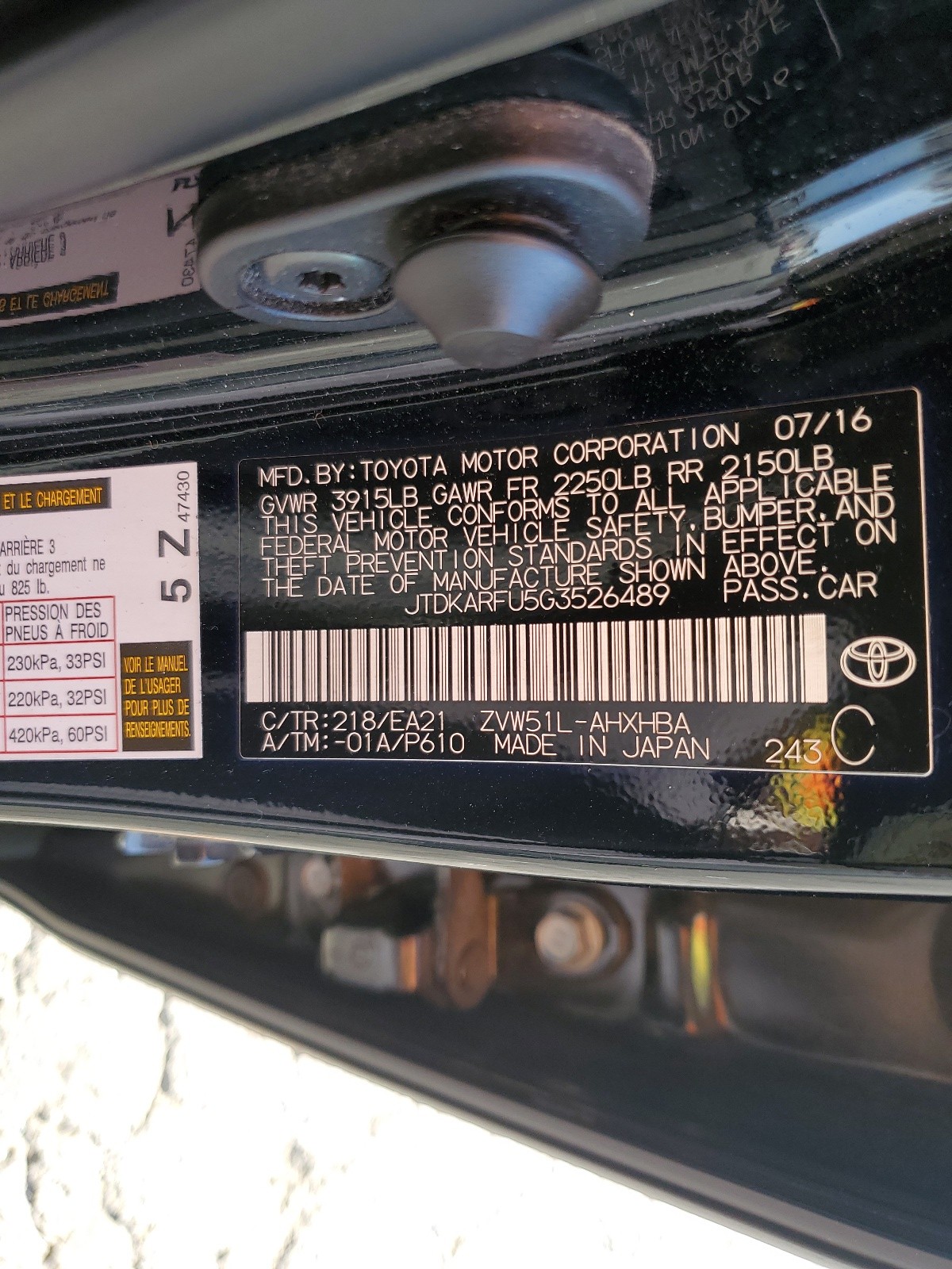 JTDKARFU5G3526489 2016 Toyota Prius