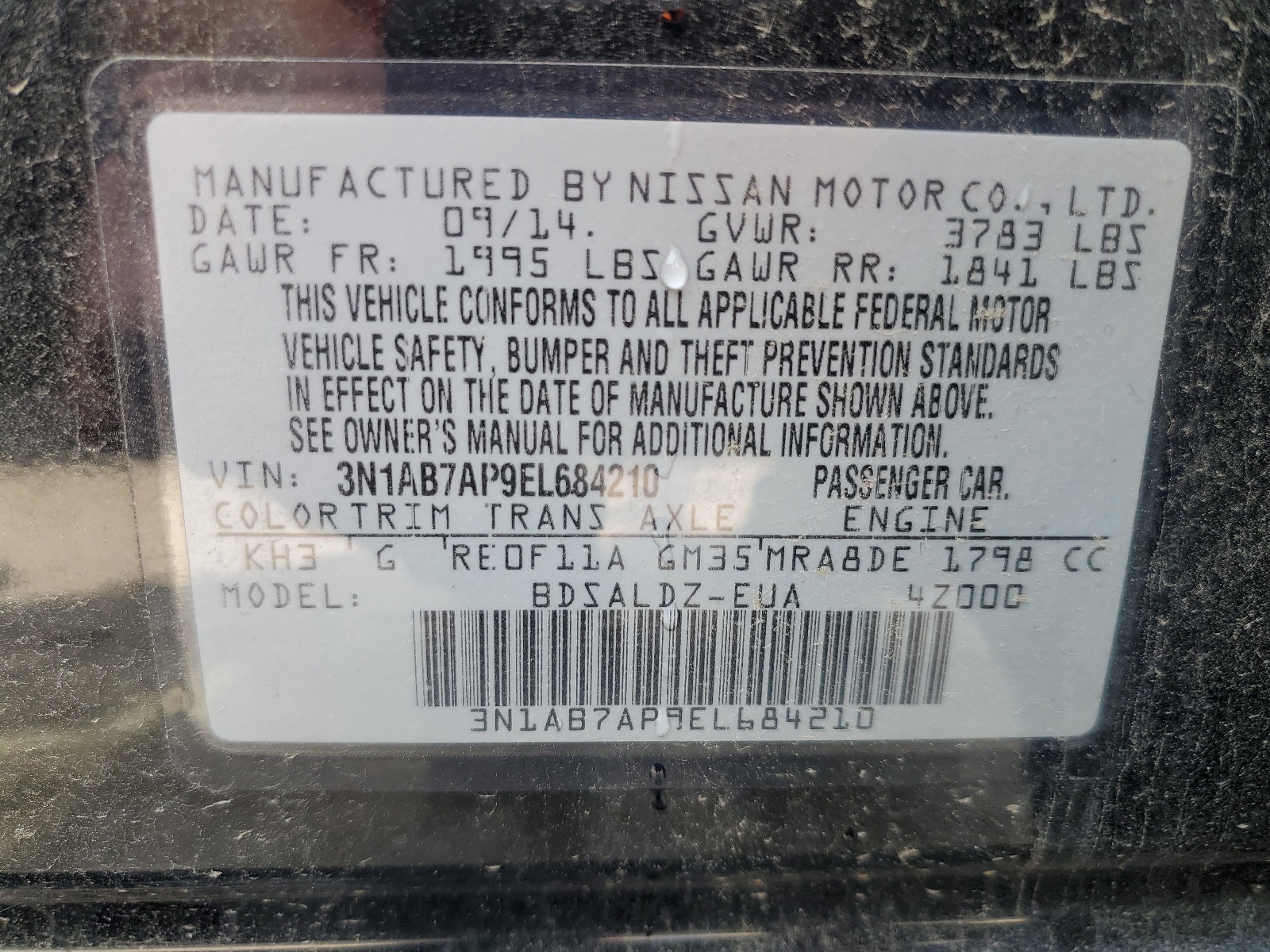 3N1AB7AP9EL684210 2014 Nissan Sentra S