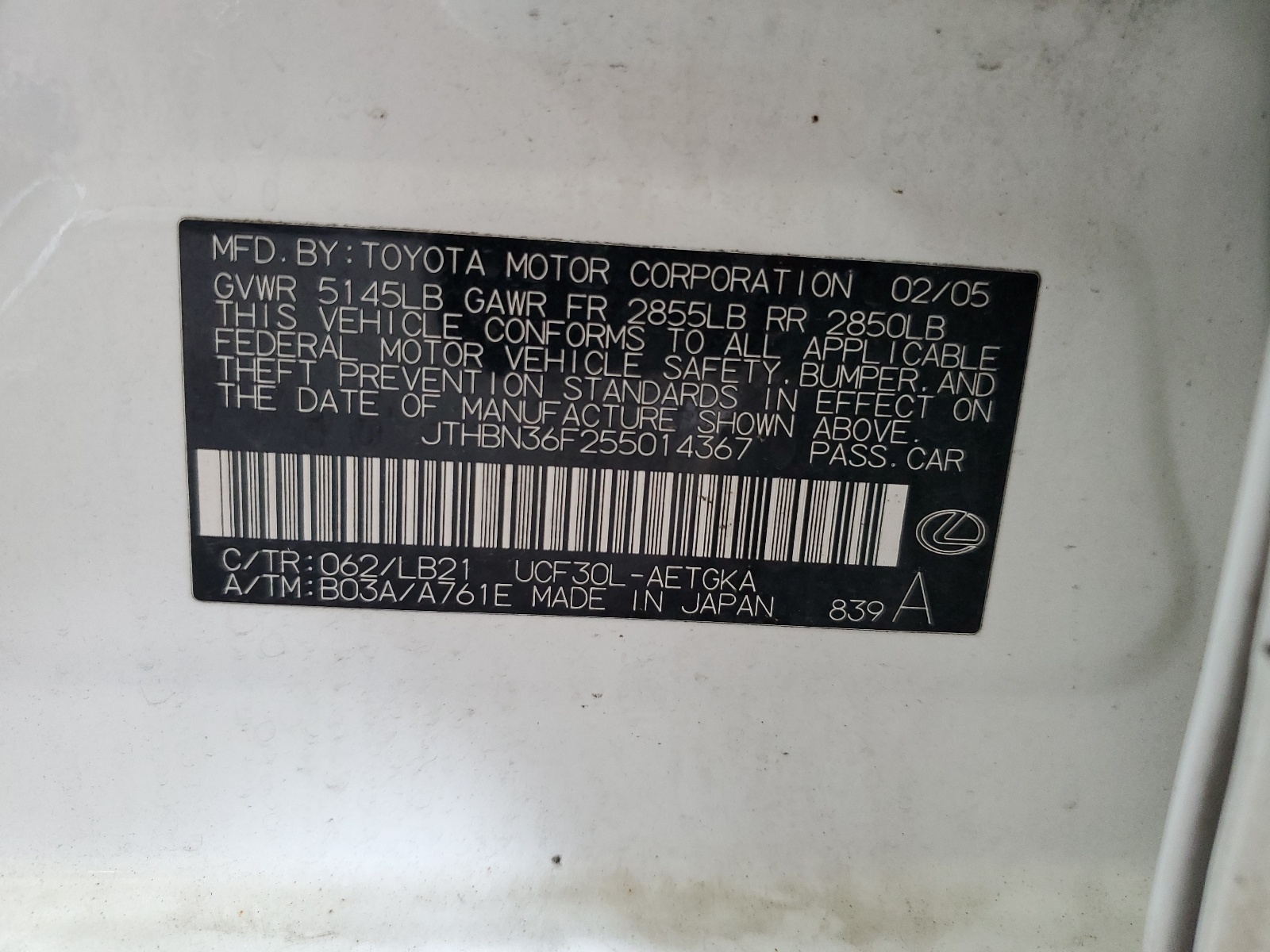 JTHBN36F255014367 2005 Lexus Ls 430