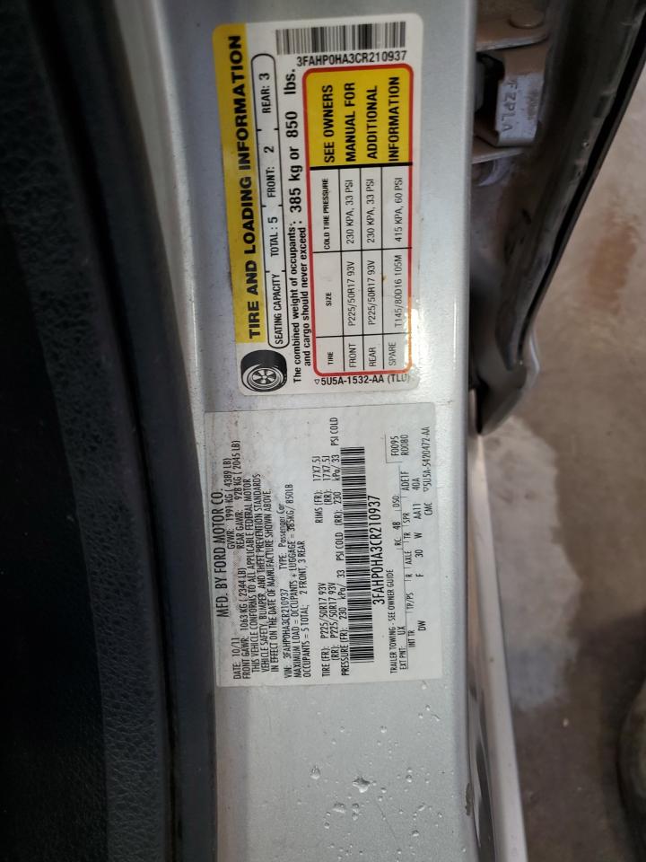 2012 Ford Fusion Se VIN: 3FAHP0HA3CR210937 Lot: 62731754