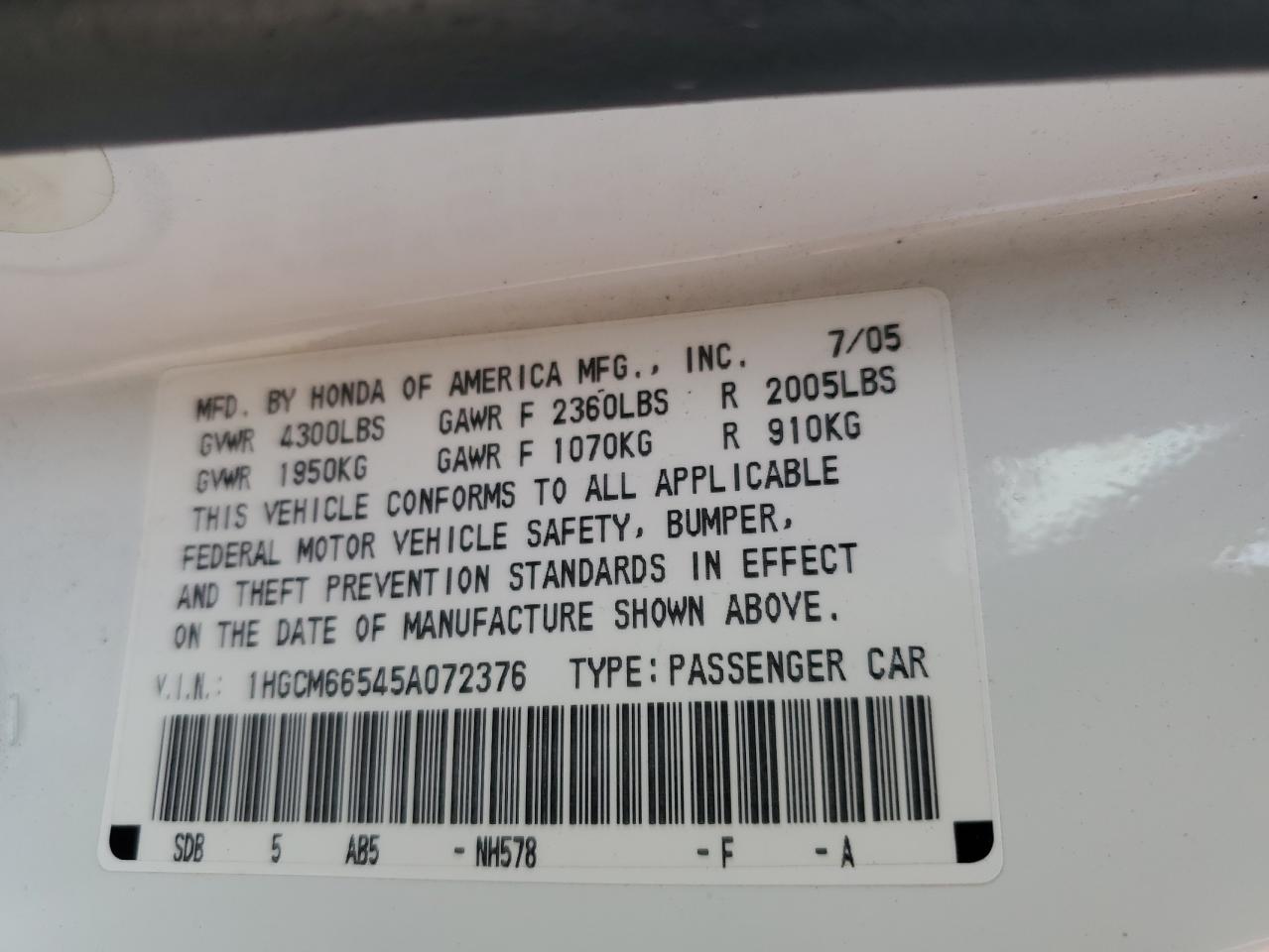 2005 Honda Accord Ex VIN: 1HGCM66545A072376 Lot: 64847864