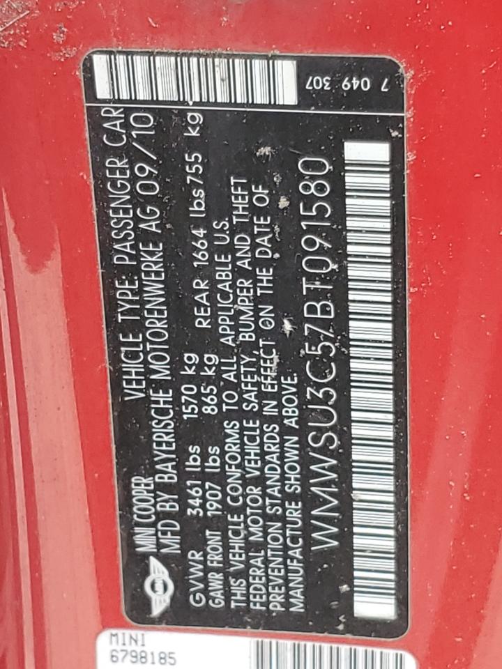 2011 Mini Cooper VIN: WMWSU3C57BT091580 Lot: 64324674
