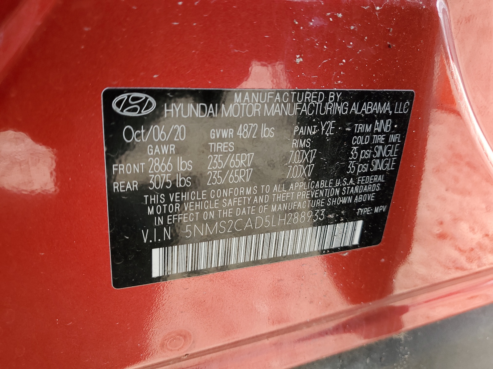 5NMS2CAD5LH288933 2020 Hyundai Santa Fe Se