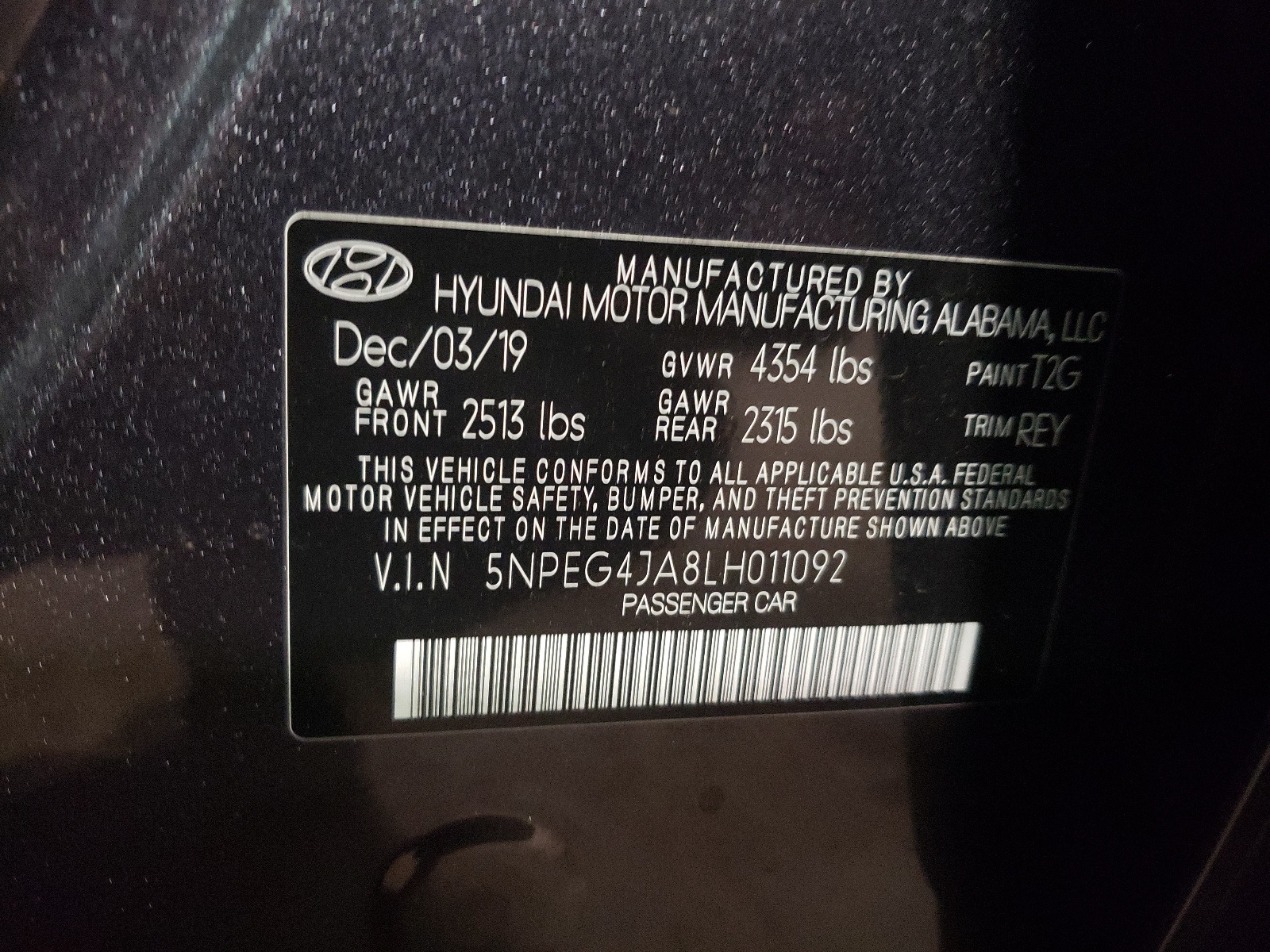 5NPEG4JA8LH011092 2020 Hyundai Sonata Se