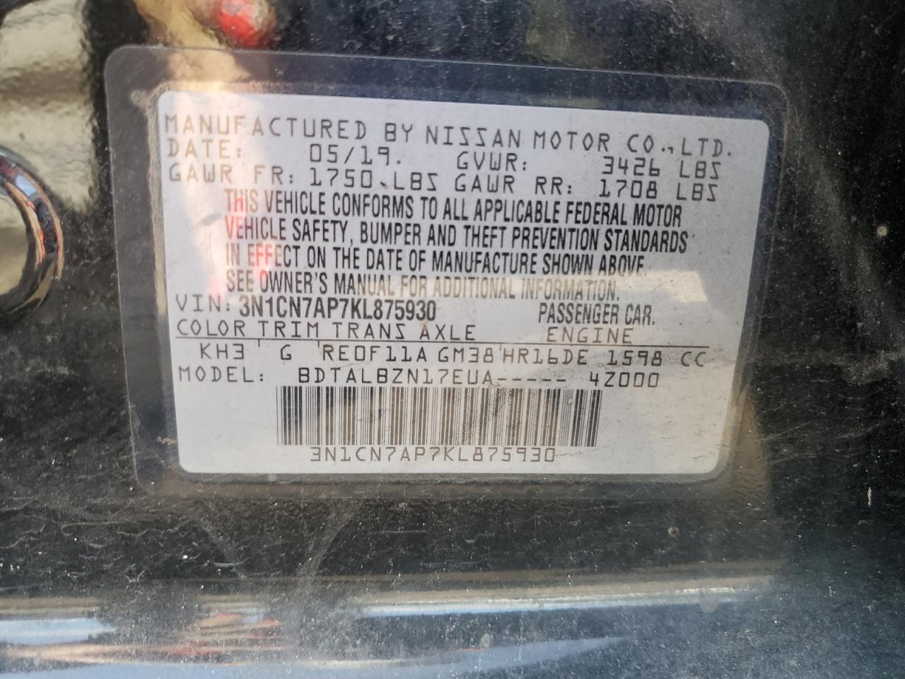 3N1CN7AP7KL875930 2019 Nissan Versa S