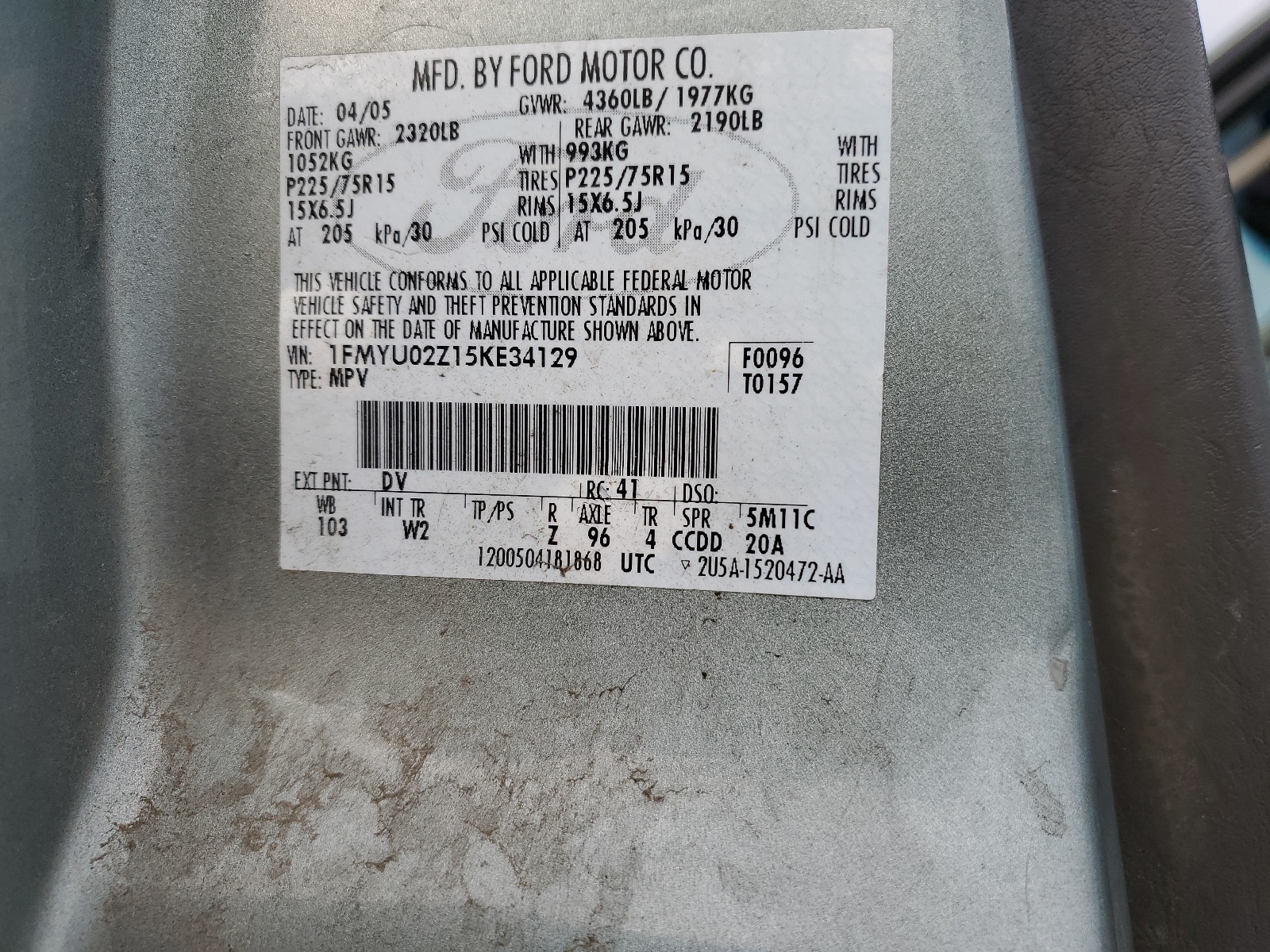 1FMYU02Z15KE34129 2005 Ford Escape Xls