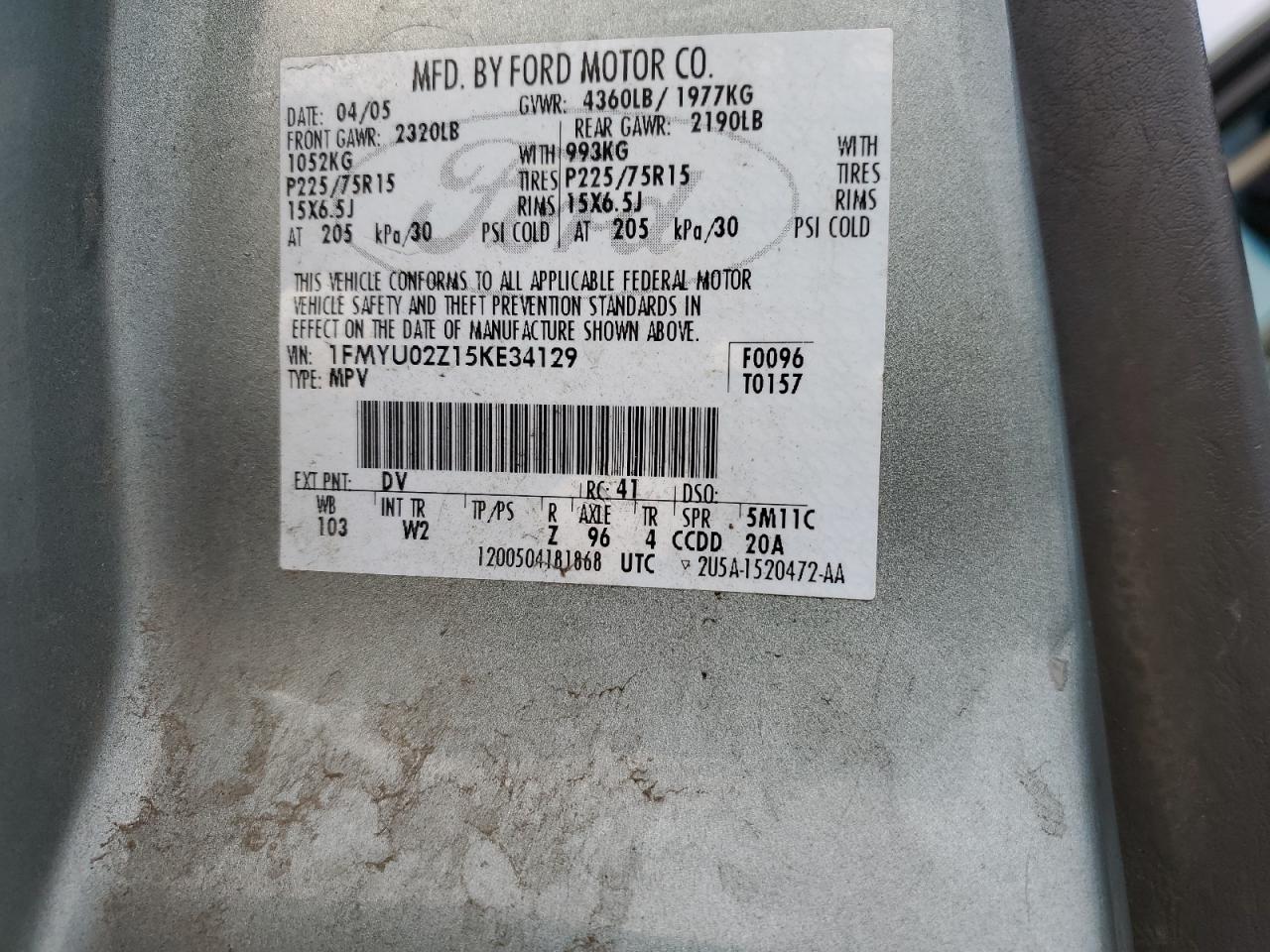 2005 Ford Escape Xls VIN: 1FMYU02Z15KE34129 Lot: 65243284