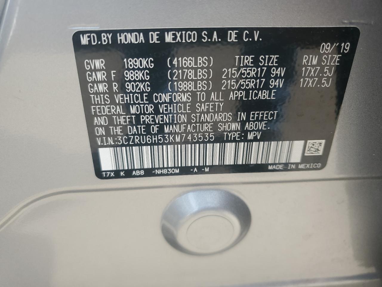 2019 Honda Hr-V Ex VIN: 3CZRU6H53KM743535 Lot: 65129644