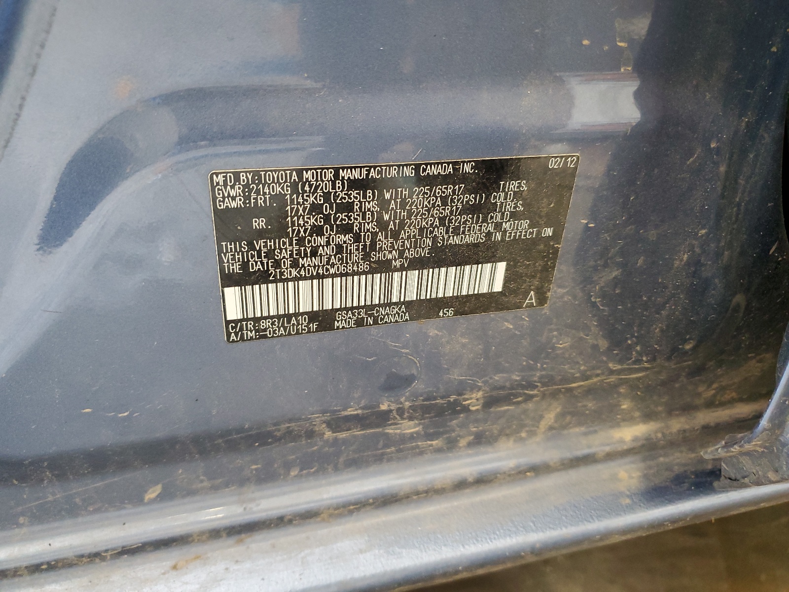 2T3DK4DV4CW068486 2012 Toyota Rav4 Limited