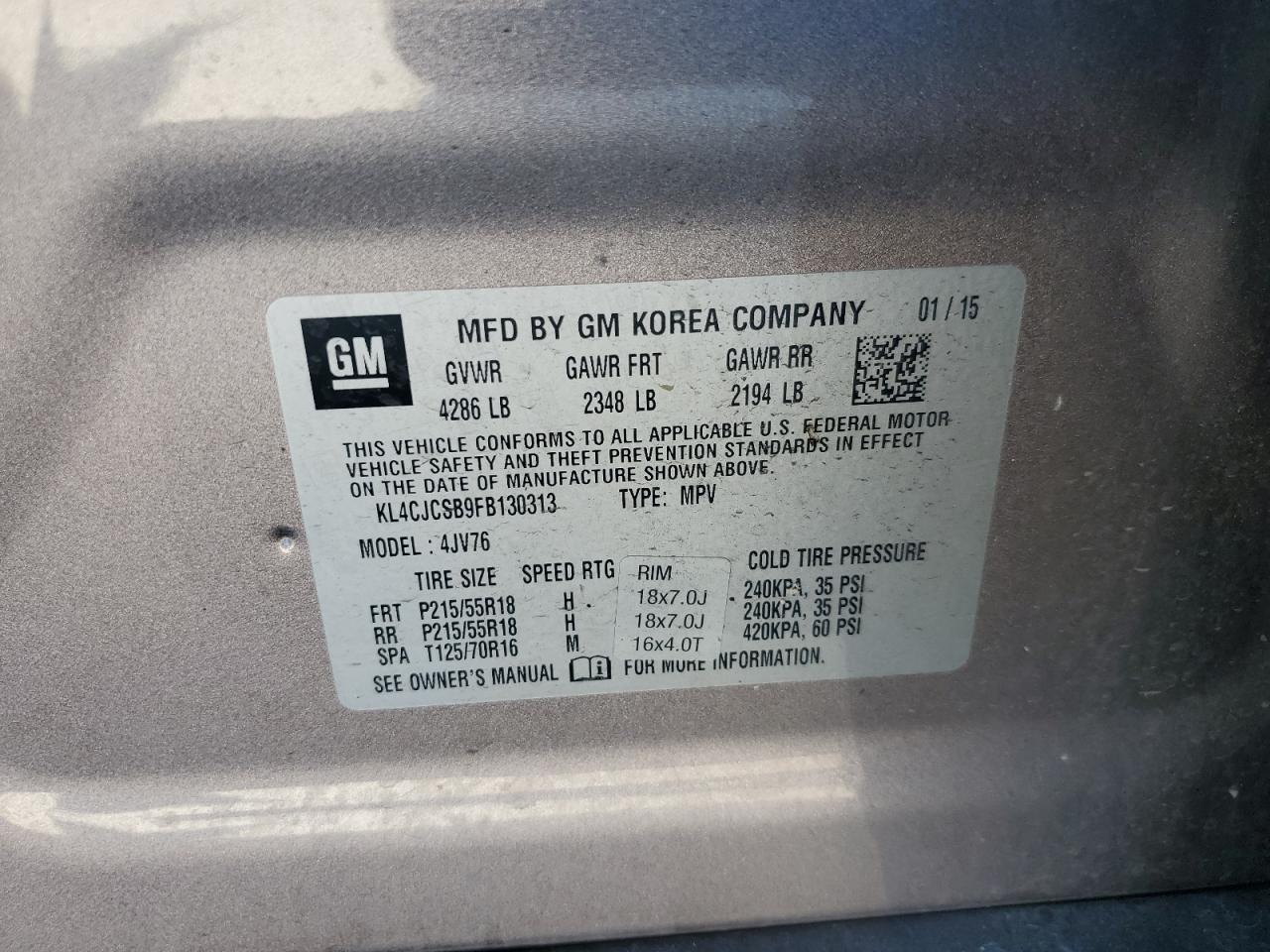 2015 BUICK ENCORE with REAR END damage, VIN KL4CJCSB9FB130313
