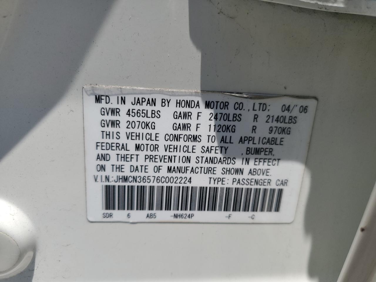 2006 Honda Accord Hybrid VIN: JHMCN36576C002224 Lot: 61540924