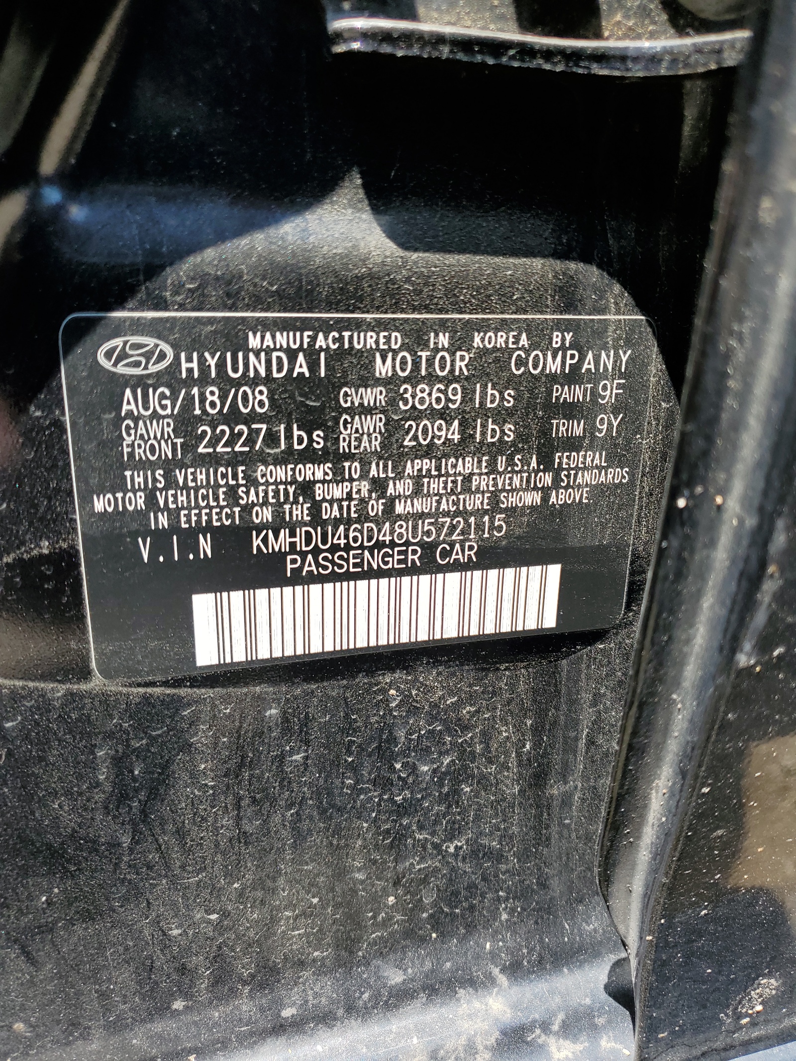KMHDU46D48U572115 2008 Hyundai Elantra Gls