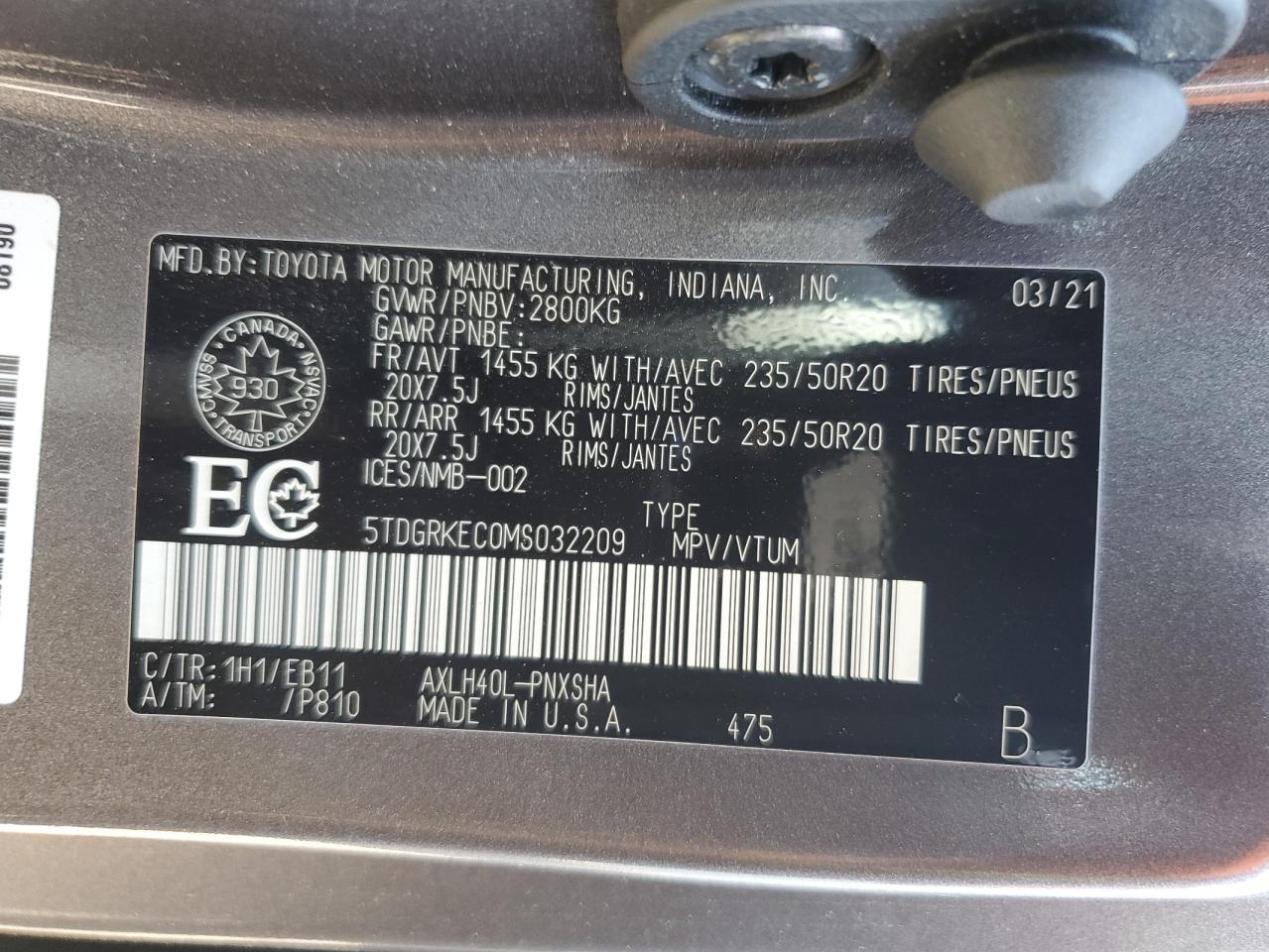 2021 Toyota Sienna Le VIN: 5TDGRKEC0MS032209 Lot: 60250284