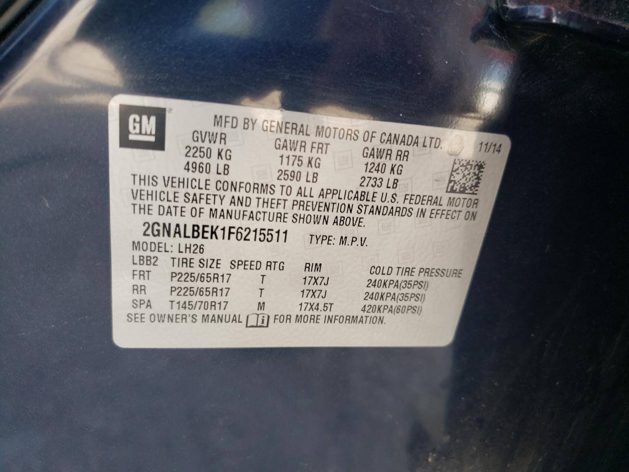 2GNALBEK1F6215511 2015 Chevrolet Equinox Lt