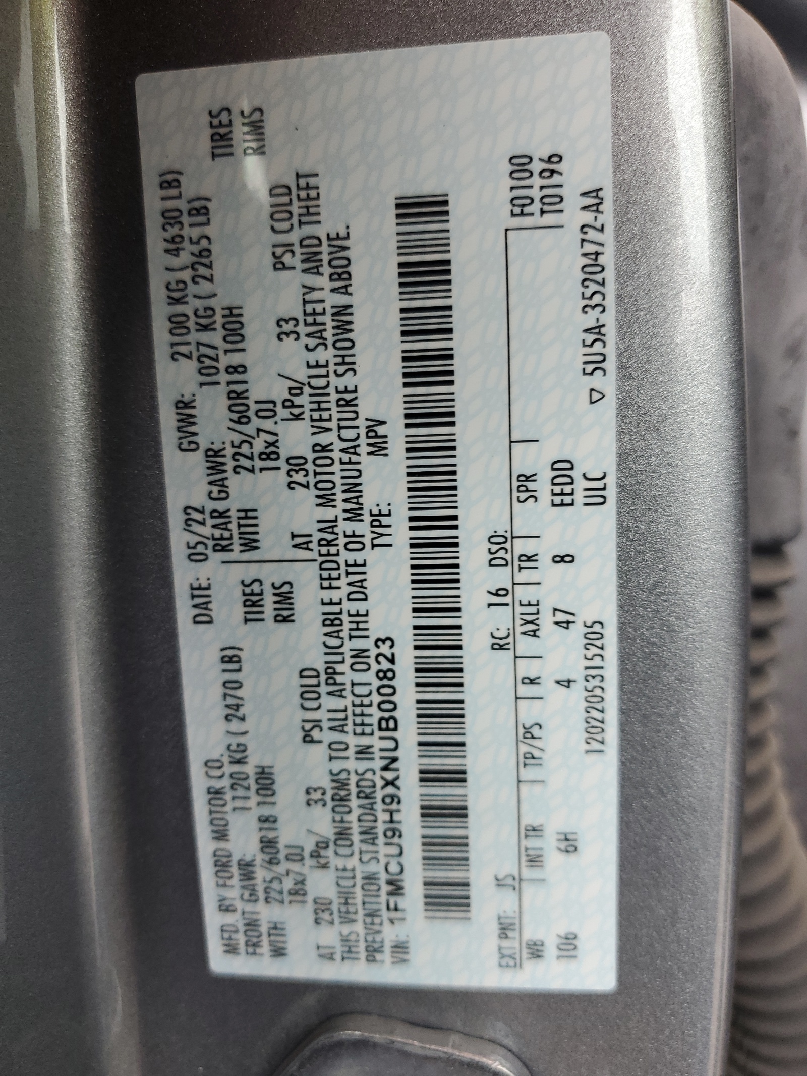 1FMCU9H9XNUB00823 2022 Ford Escape Sel