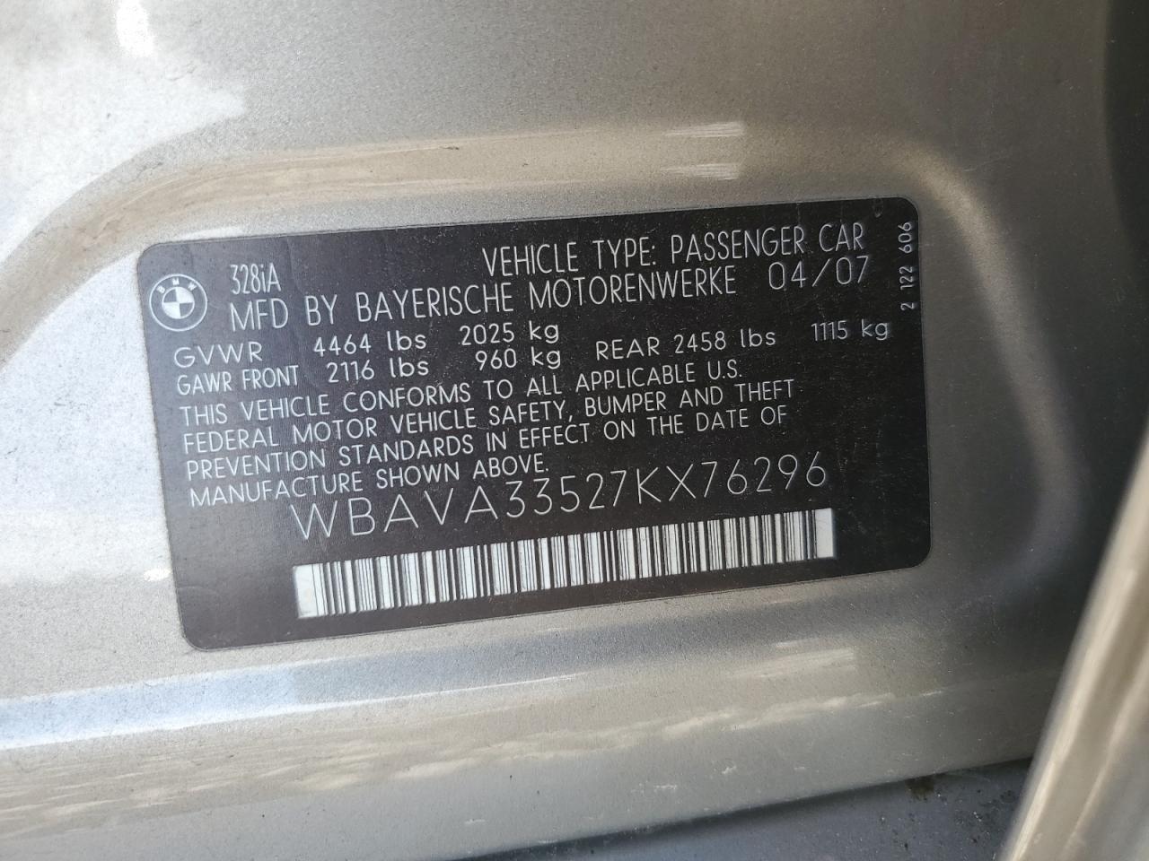 2007 BMW 328 I VIN: WBAVA33527KX76296 Lot: 61459914