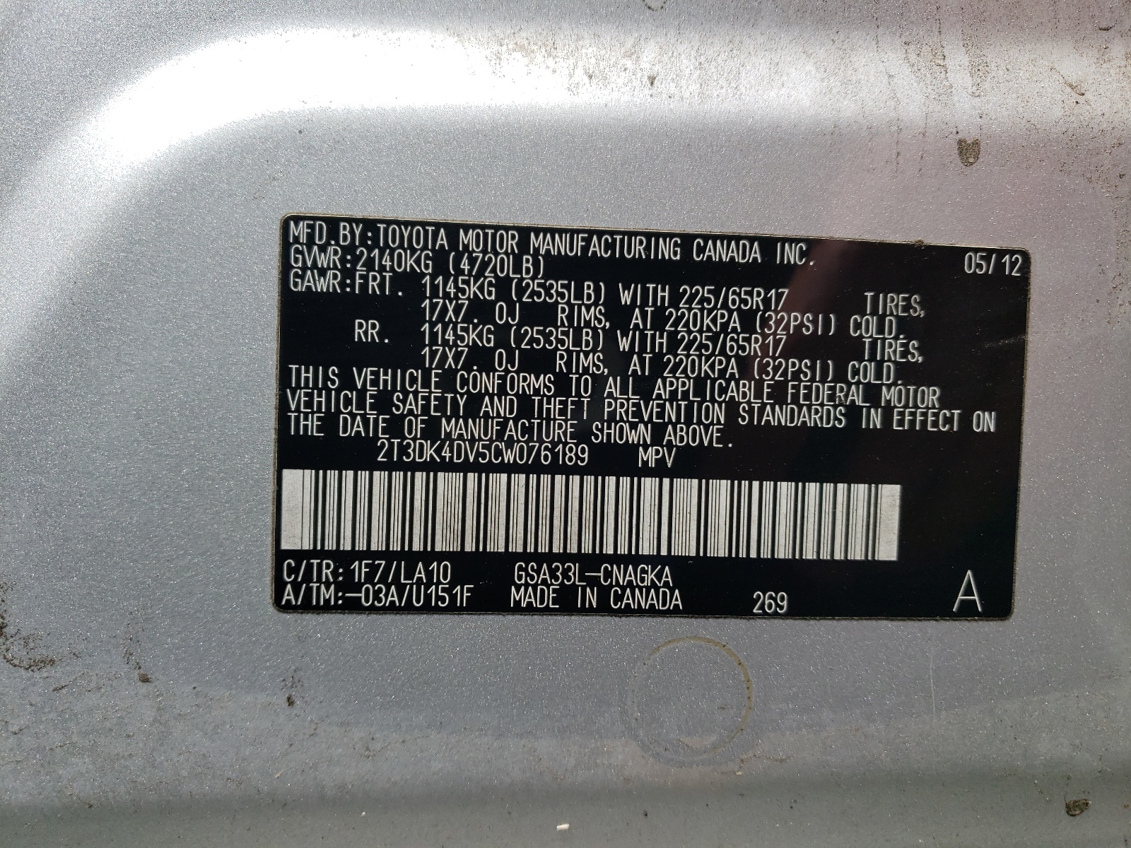 2T3DK4DV5CW076189 2012 Toyota Rav4 Limited