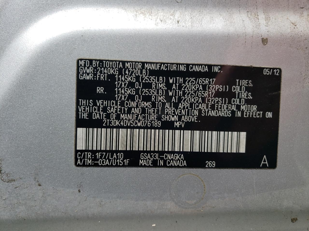 2012 Toyota Rav4 Limited VIN: 2T3DK4DV5CW076189 Lot: 63836364