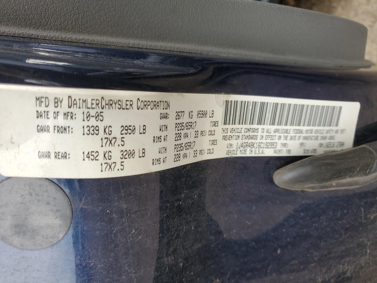 2006 Jeep Grand Cherokee Laredo VIN: 1J4GR48K16C192953 Lot: 64486844