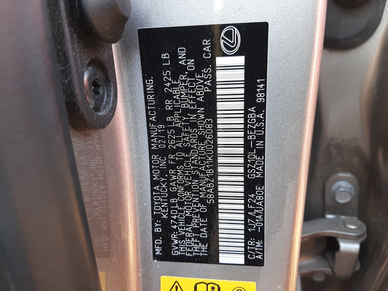 58ABZ1B11KU026083 2019 Lexus Es 350