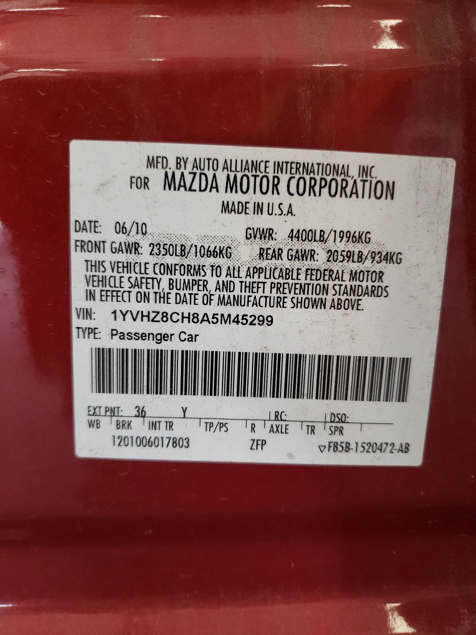 1YVHZ8CH8A5M45299 2010 Mazda 6 I