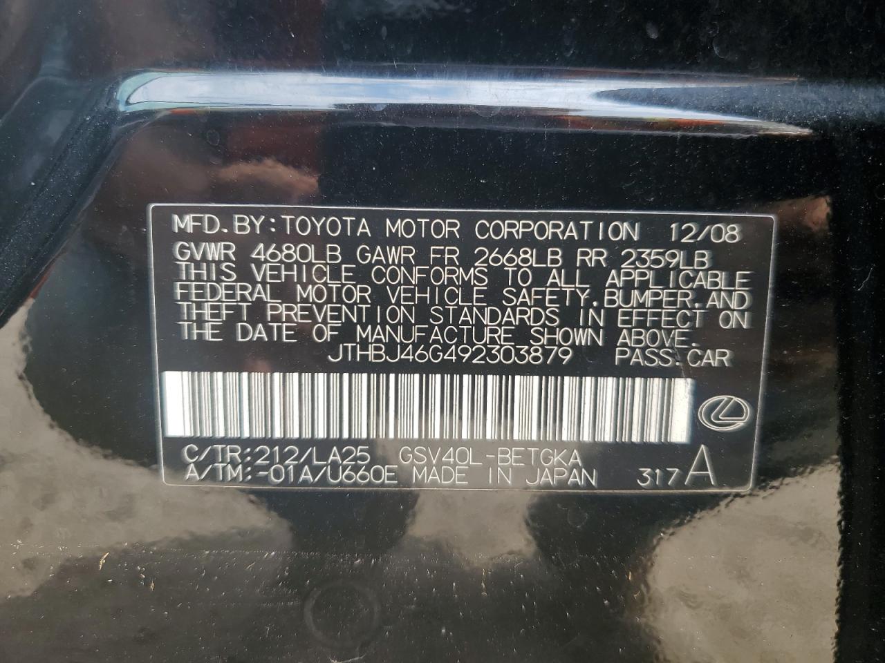 2009 Lexus Es 350 VIN: JTHBJ46G492303879 Lot: 64089174