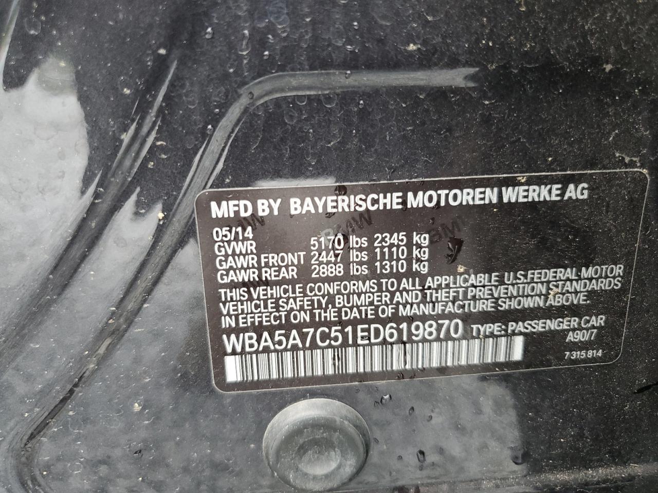 2014 BMW 528 Xi VIN: WBA5A7C51ED619870 Lot: 64103654