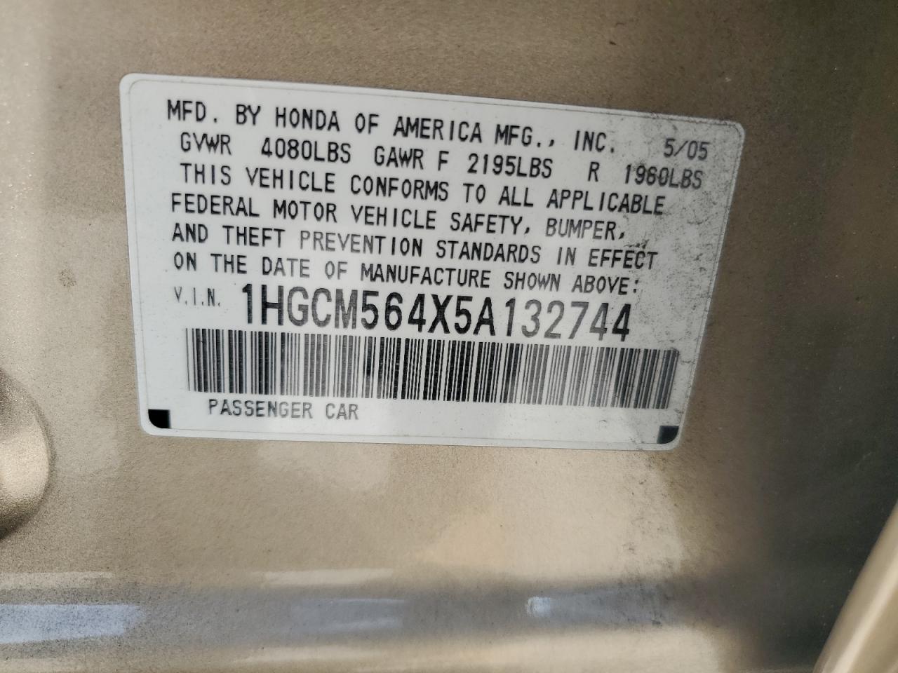 2005 Honda Accord Lx VIN: 1HGCM564X5A132744 Lot: 64637964