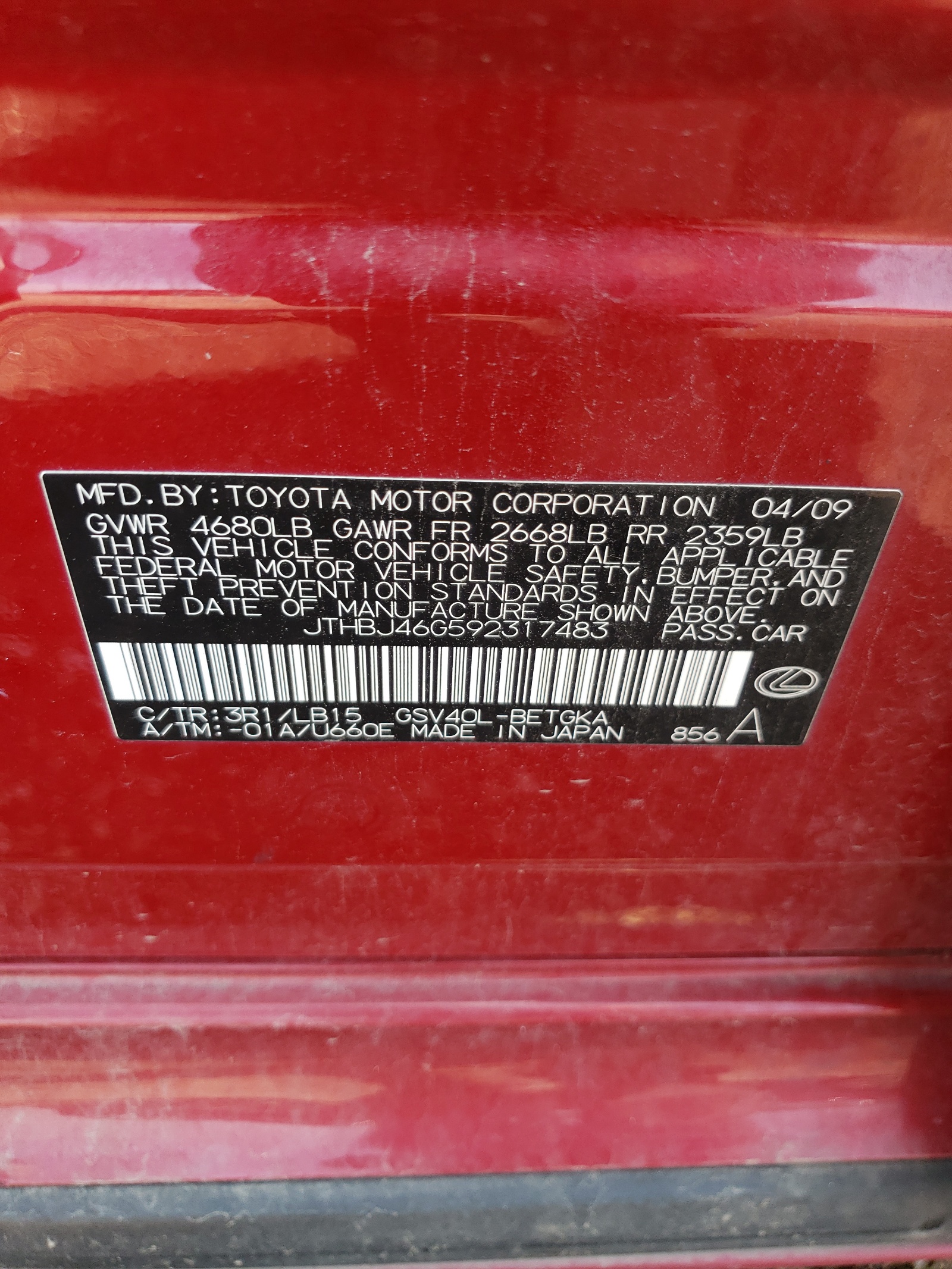 JTHBJ46G592317483 2009 Lexus Es 350