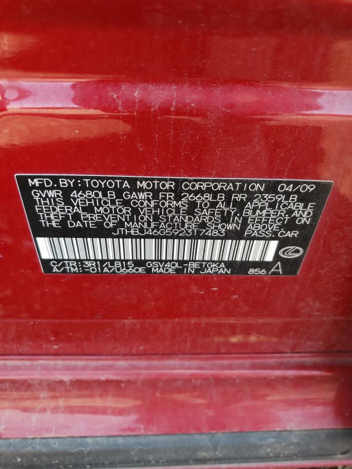 2009 Lexus Es 350 VIN: JTHBJ46G592317483 Lot: 62831464