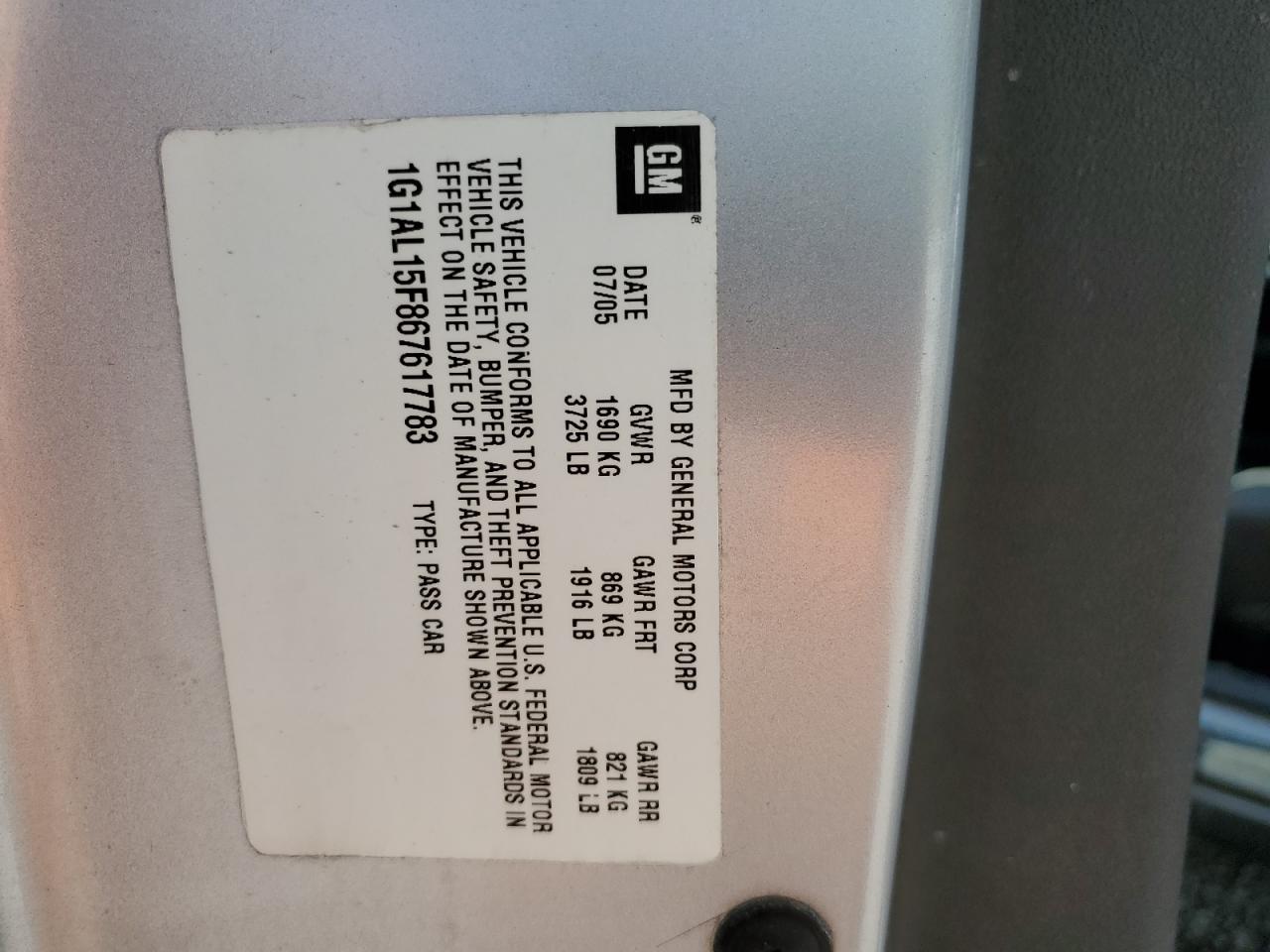 2006 Chevrolet Cobalt Lt VIN: 1G1AL15F867617783 Lot: 62974234