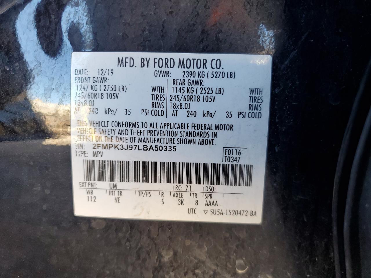 2020 Ford Edge Sel VIN: 2FMPK3J97LBA50335 Lot: 63719514