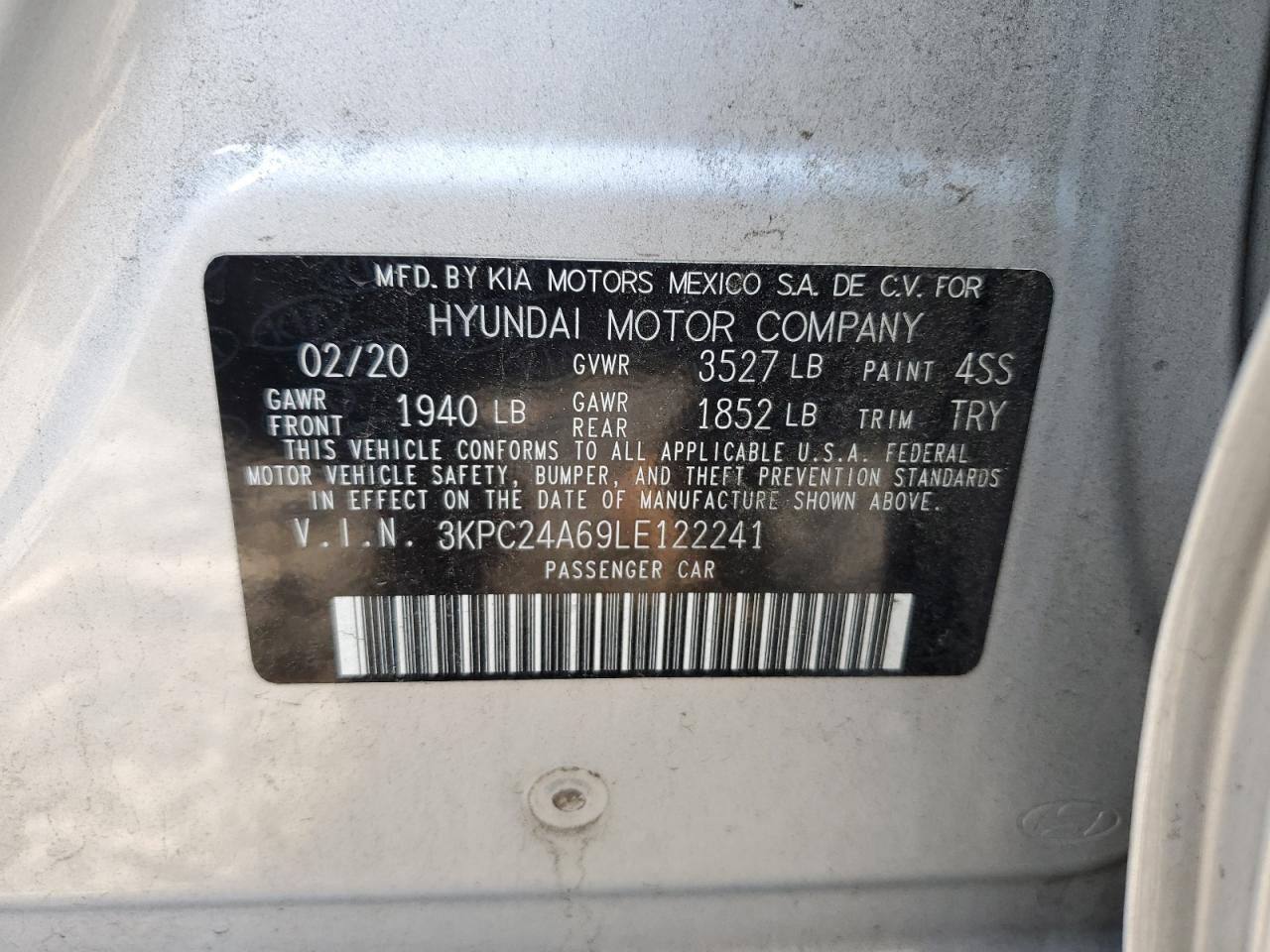 3KPC24A69LE122241 2020 Hyundai Accent Se